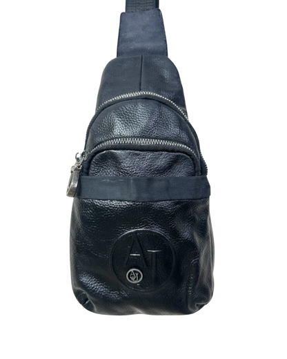Unisex Armani Jeans Black Leather Crossbody Sling Bag