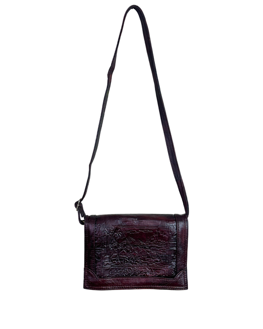 Vintage Embossed Egyptian Motif Burgundy Genuine Leather Crossbody Bag