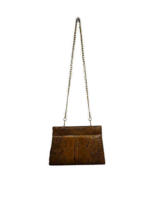 Vintage Genuine Brown Snakeskin Crossbody Bag with Golden Chain Strap