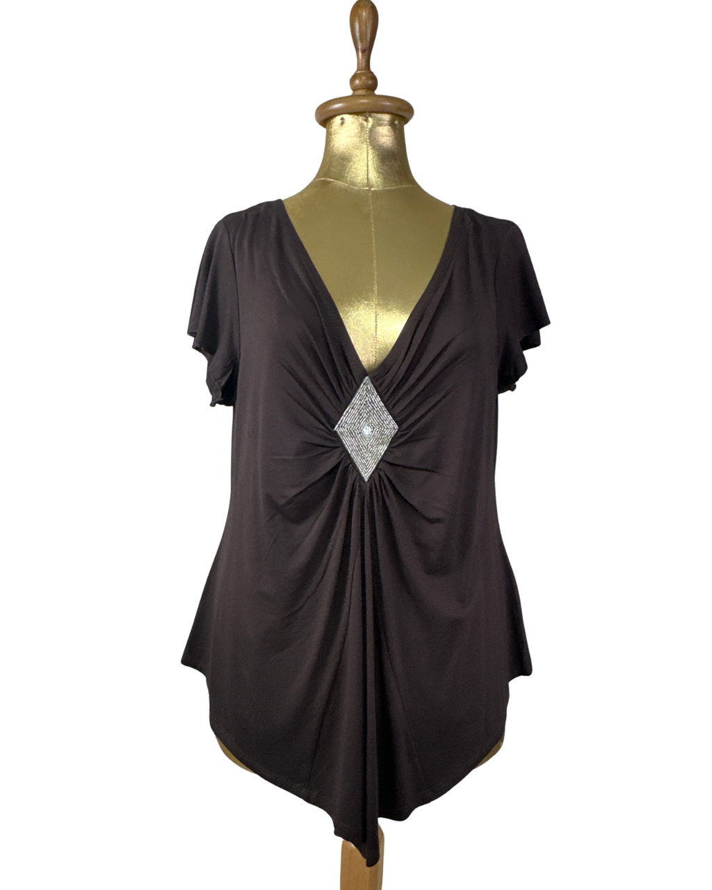Y2K V-Neck Draped Top with Silver Rhinestone Embellishment