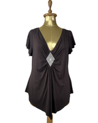 Y2K V-Neck Draped Top with Silver Rhinestone Embellishment