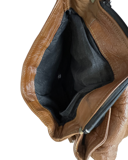 Vintage Tan Leather Messenger Crossbody Bag w/ Hair-On Cowhide Panel