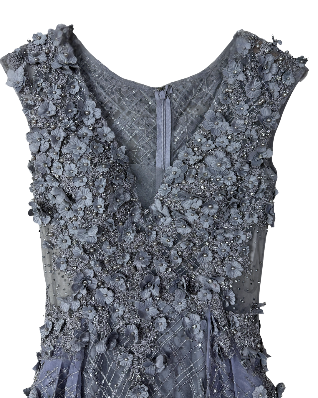 Lavender Embellished Mesh Gown with 3D Floral Appliqué & Flowing Train