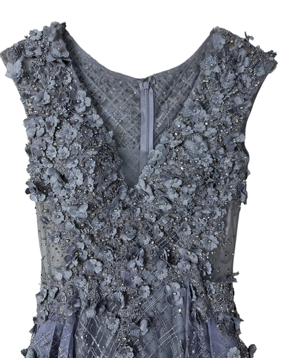 Lavender Embellished Mesh Gown with 3D Floral Appliqué & Flowing Train