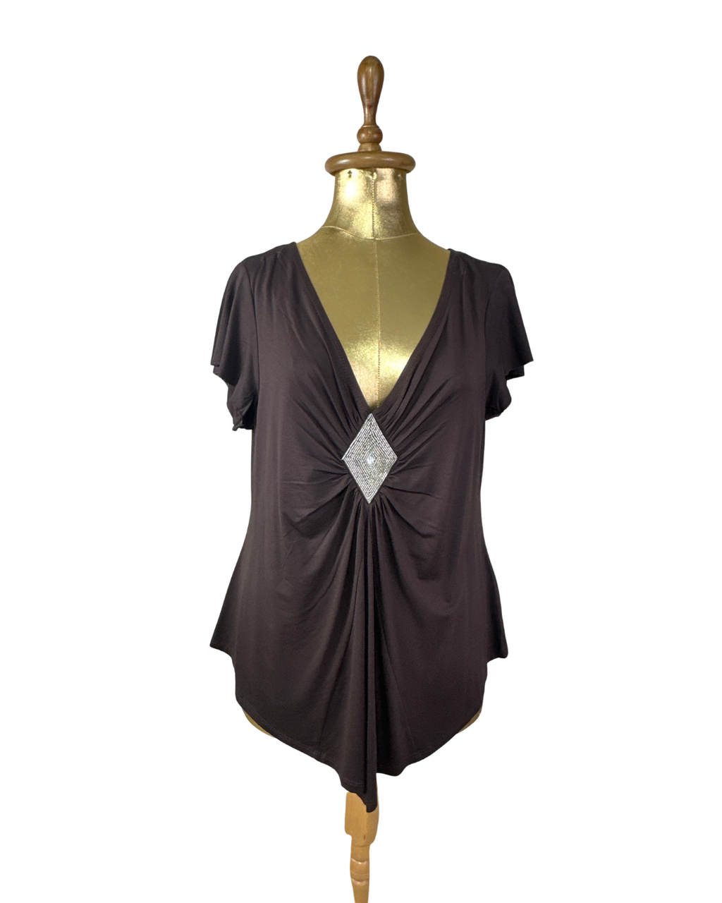 Y2K V-Neck Draped Top with Silver Rhinestone Embellishment