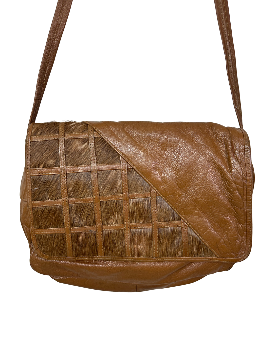 Vintage Tan Leather Messenger Crossbody Bag w/ Hair-On Cowhide Panel