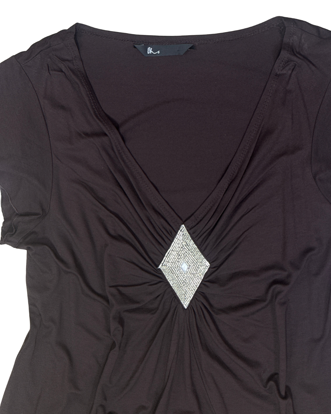 Y2K V-Neck Draped Top with Silver Rhinestone Embellishment