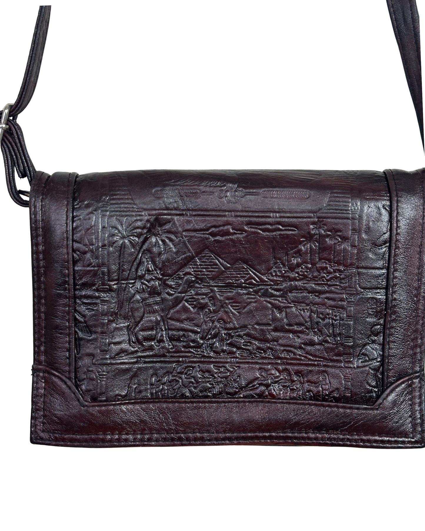 Vintage Embossed Egyptian Motif Burgundy Genuine Leather Crossbody Bag