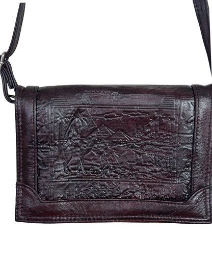 Vintage Embossed Egyptian Motif Burgundy Genuine Leather Crossbody Bag