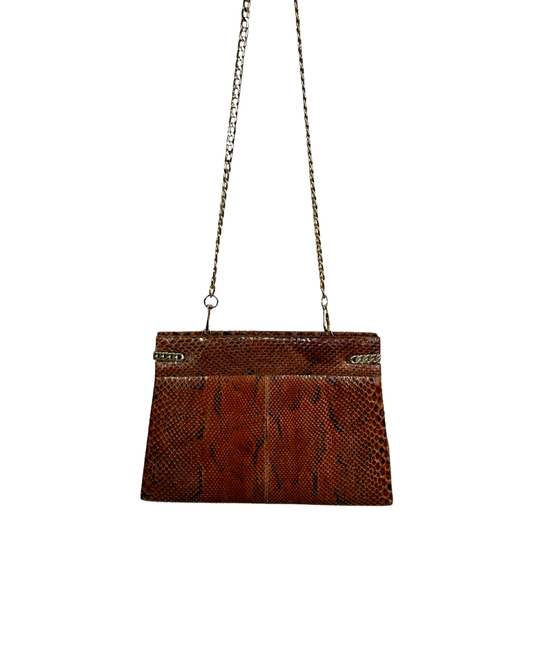 Vintage Genuine Brown Snakeskin Crossbody Bag with Golden Chain Strap