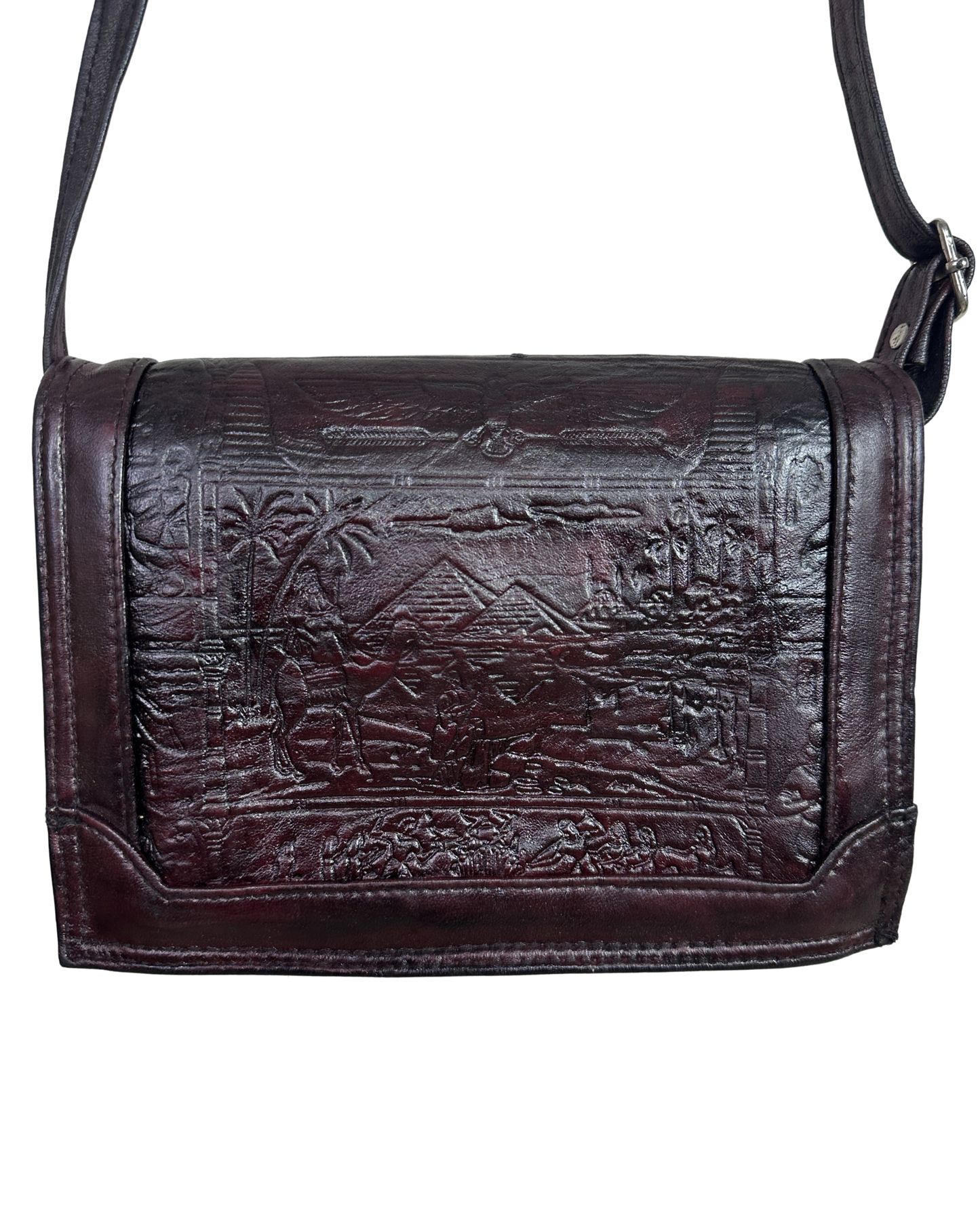 Vintage Embossed Egyptian Motif Burgundy Genuine Leather Crossbody Bag