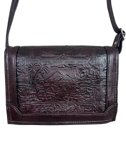 Vintage Embossed Egyptian Motif Burgundy Genuine Leather Crossbody Bag