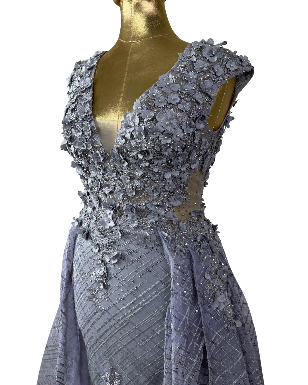 Lavender Embellished Mesh Gown with 3D Floral Appliqué & Flowing Train