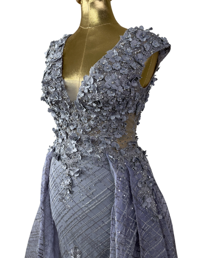Lavender Embellished Mesh Gown with 3D Floral Appliqué & Flowing Train