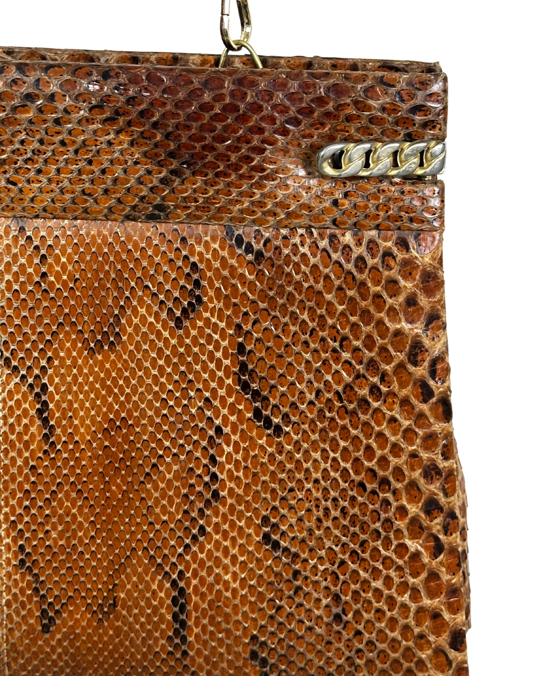 Vintage Genuine Brown Snakeskin Crossbody Bag with Golden Chain Strap