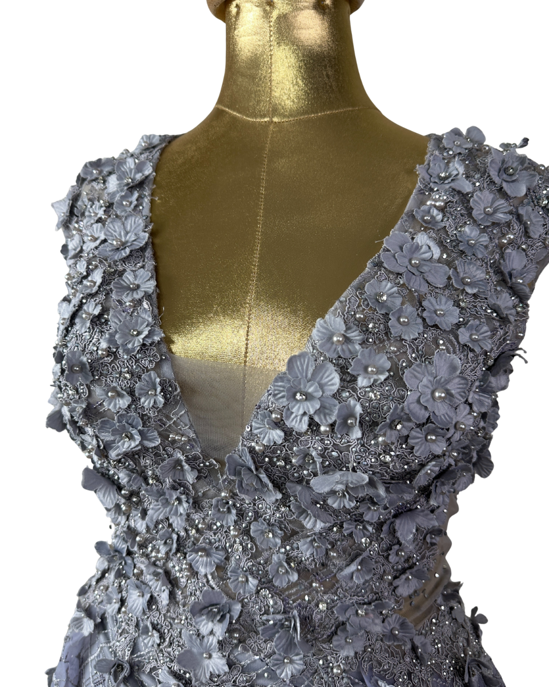 Lavender Embellished Mesh Gown with 3D Floral Appliqué & Flowing Train