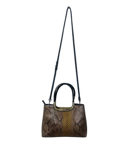 Vintage Faux Snakeskin Structured Bag with Gold Trim