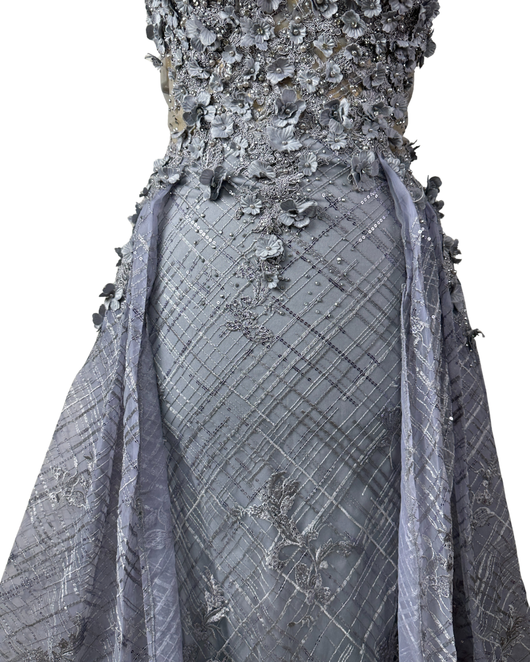 Lavender Embellished Mesh Gown with 3D Floral Appliqué & Flowing Train