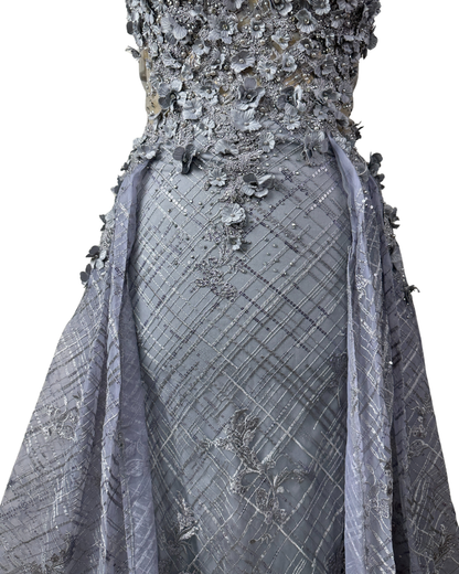 Lavender Embellished Mesh Gown with 3D Floral Appliqué & Flowing Train