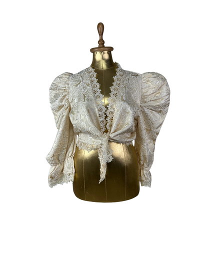 Vintage 80s Cream Brocade Puff-Sleeve Lace Front Tie Blouse