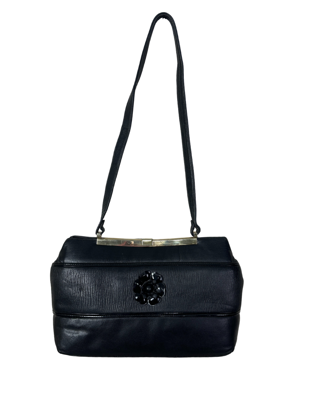 Vintage 1970s Genuine Leather Shoulder Bag with Floral Accent & Brass Frame