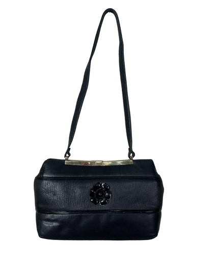 Vintage 1970s Genuine Leather Shoulder Bag with Floral Accent & Brass Frame