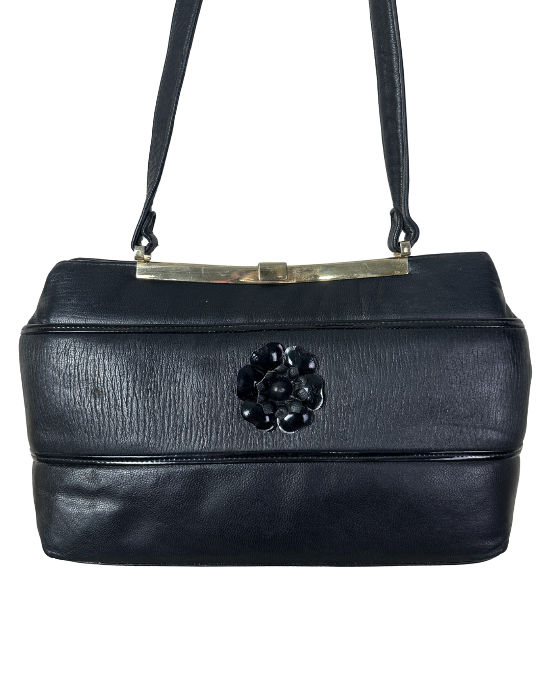 Vintage 1970s Genuine Leather Shoulder Bag with Floral Accent & Brass Frame