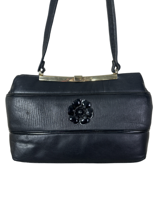 Vintage 1970s Genuine Leather Shoulder Bag with Floral Accent & Brass Frame