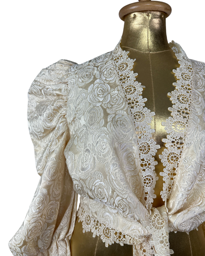 Vintage 80s Cream Brocade Puff-Sleeve Lace Front Tie Blouse