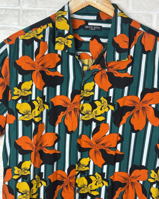 Brave Soul Striped Floral Shirt Large