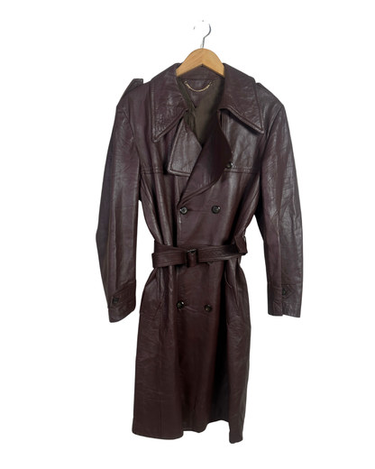 Vintage Brown Double Breasted Genuine Leather Trench Coat - Large