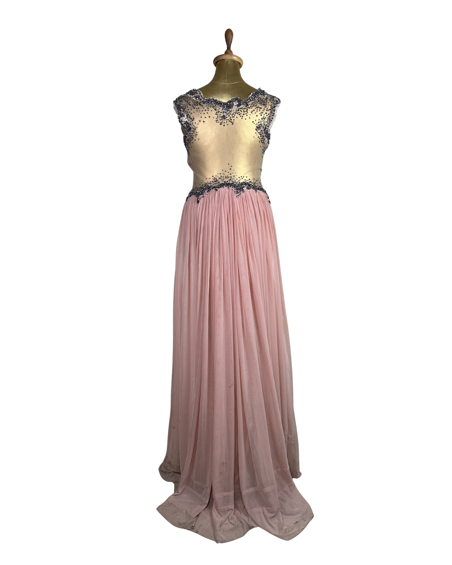 Pink Evening Gown with Sheer Beaded Bodice & Back