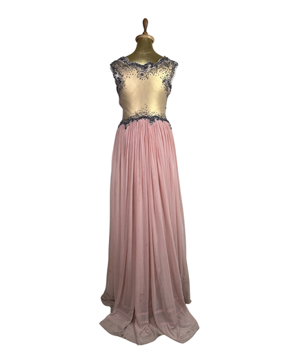 Pink Evening Gown with Sheer Beaded Bodice & Back