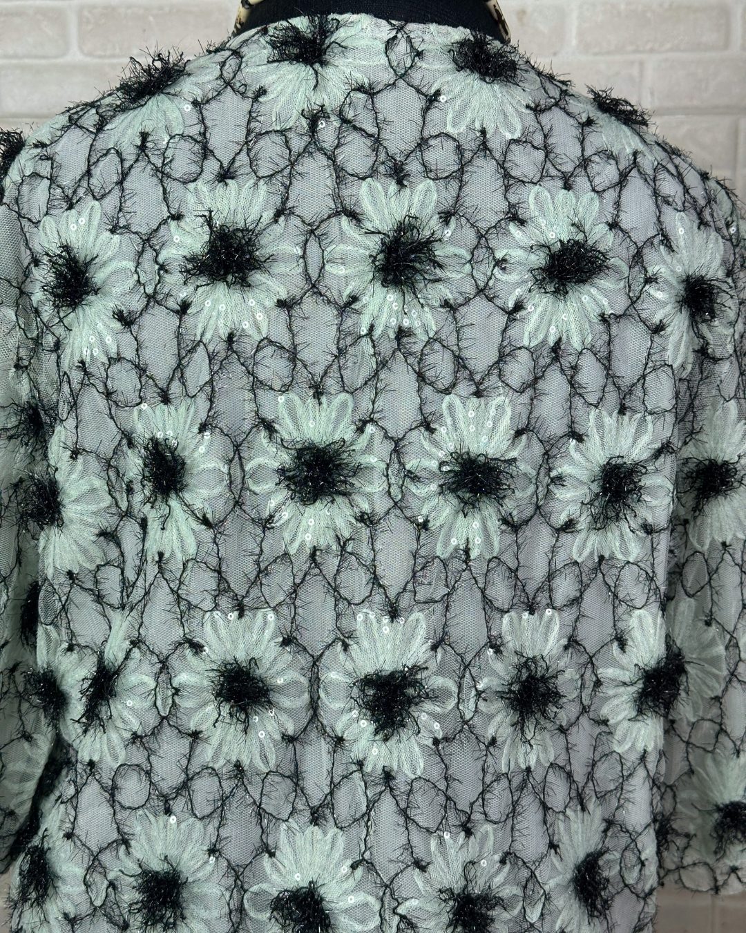 Mint Pastel Flower Appliqué  Embroidered Open Front Top