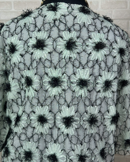 Mint Pastel Flower Appliqué  Embroidered Open Front Top