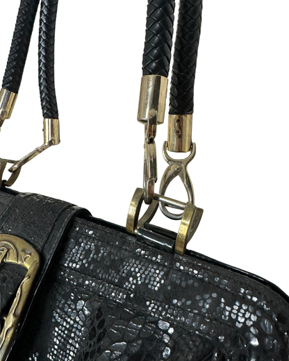 Vintage Black Faux Snakeskin Top-Handle Bag with Gold Buckle