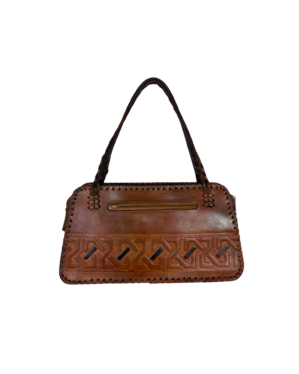 Vintage 70s Whipstitch Embossed Brown Genuine Leather Handbag