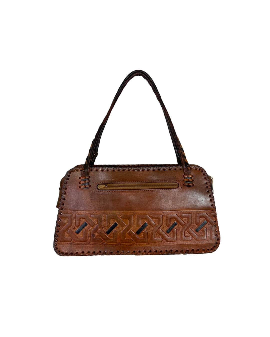 Vintage 70s Whipstitch Embossed Brown Genuine Leather Handbag