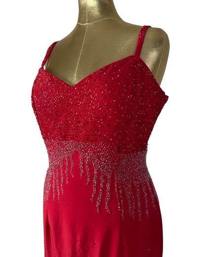 Red Beaded Maxi Evening Dress (Medium)