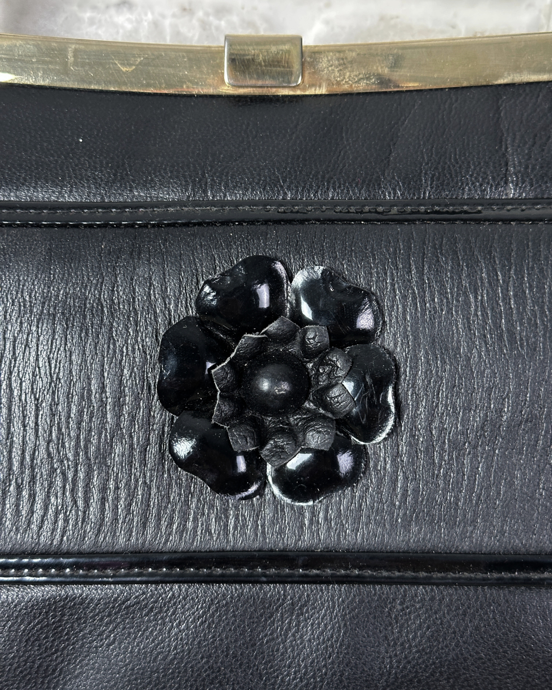 Vintage 1970s Genuine Leather Shoulder Bag with Floral Accent & Brass Frame