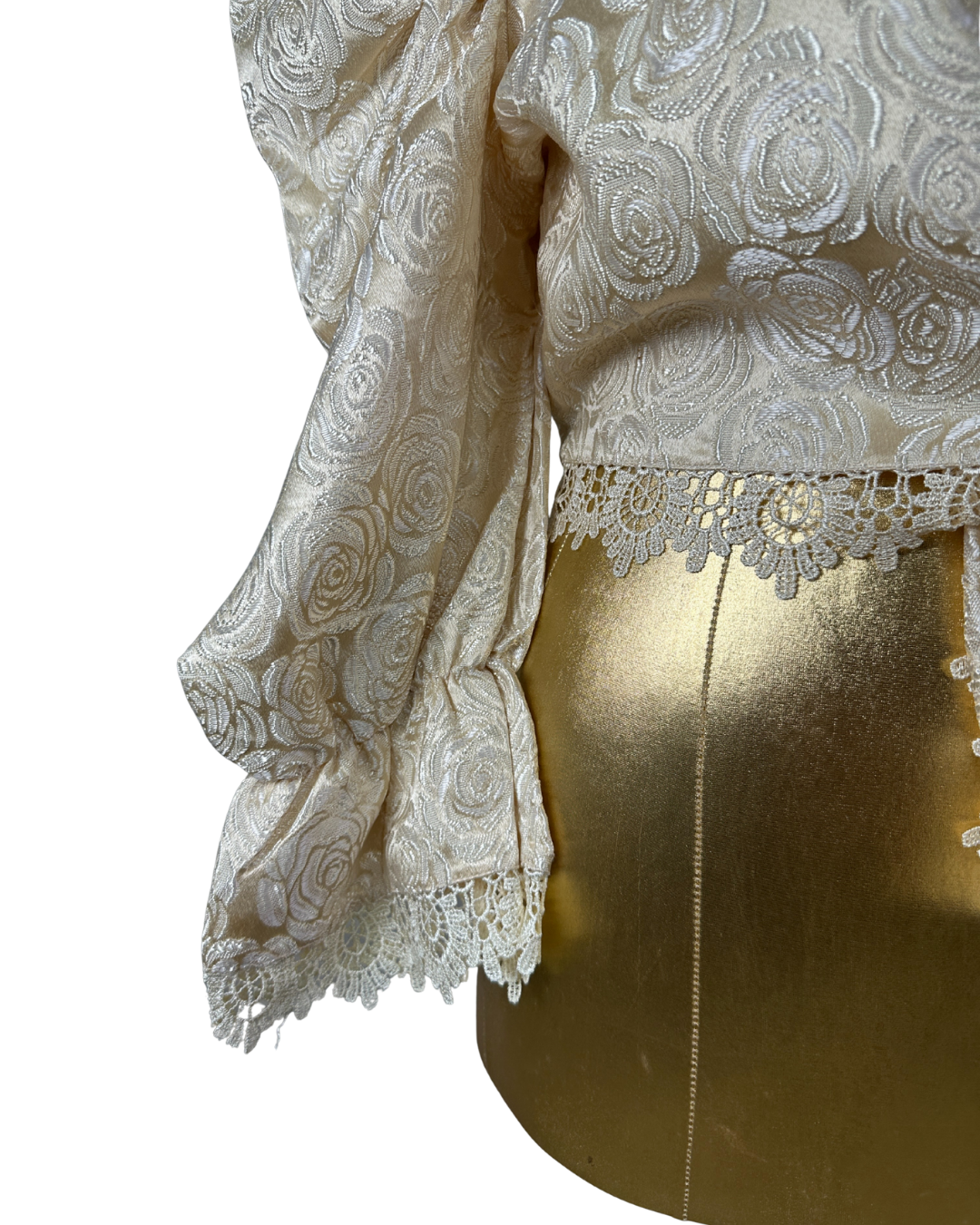 Vintage 80s Cream Brocade Puff-Sleeve Lace Front Tie Blouse