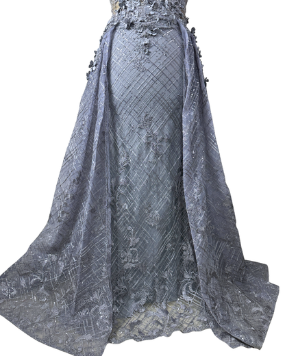 Lavender Embellished Mesh Gown with 3D Floral Appliqué & Flowing Train