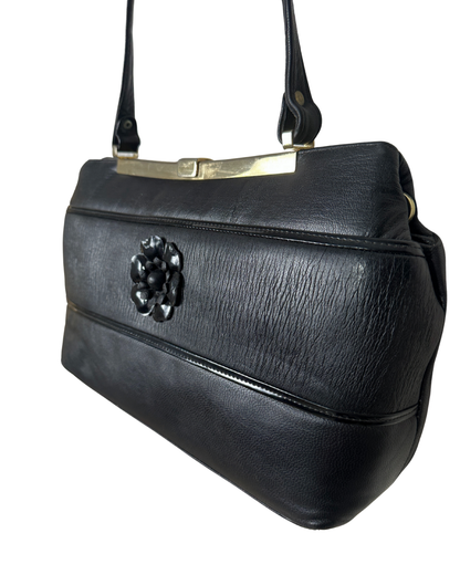 Vintage 1970s Genuine Leather Shoulder Bag with Floral Accent & Brass Frame