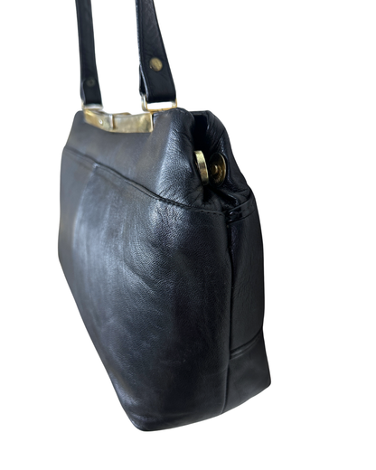 Vintage 1970s Genuine Leather Shoulder Bag with Floral Accent & Brass Frame