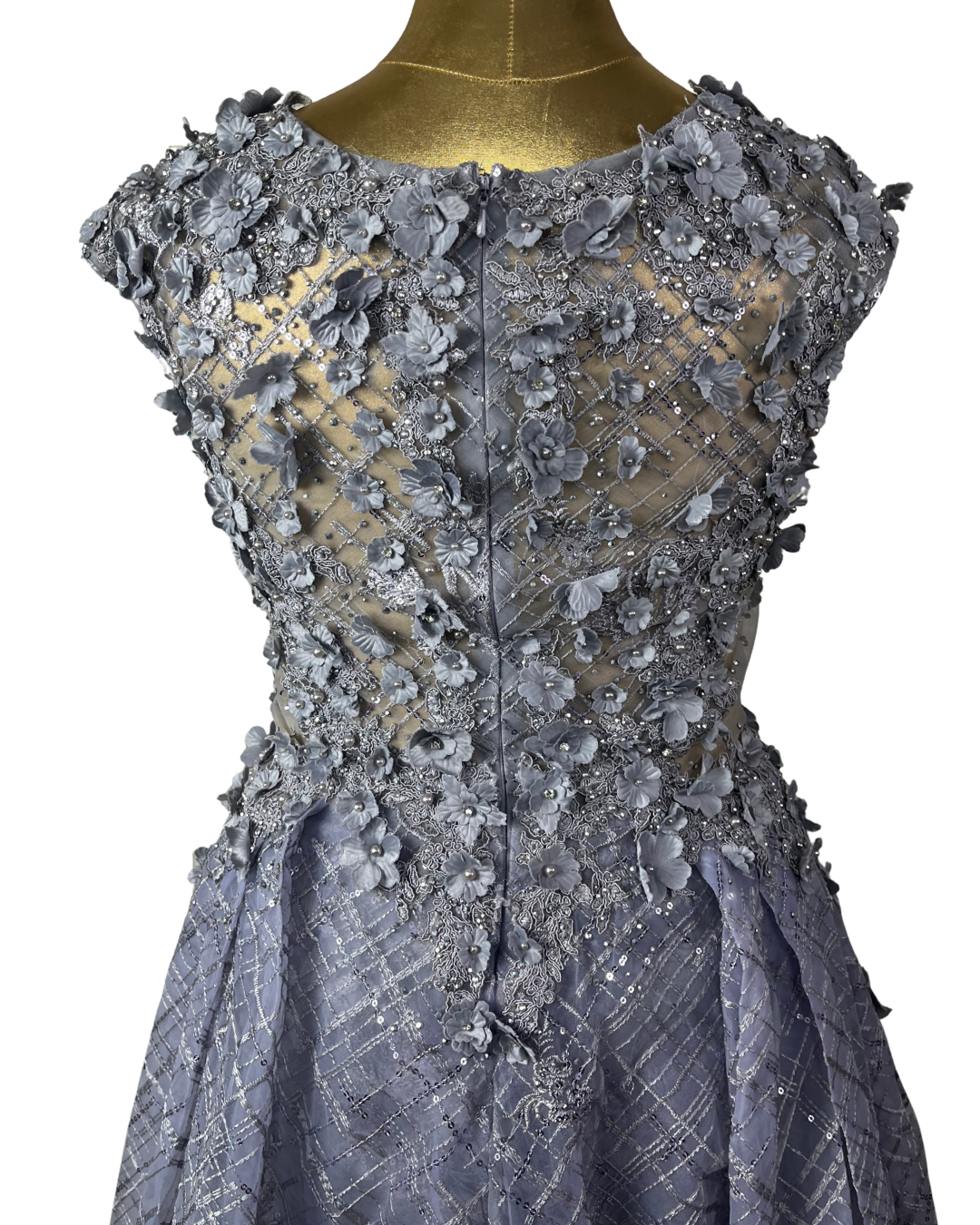 Lavender Embellished Mesh Gown with 3D Floral Appliqué & Flowing Train