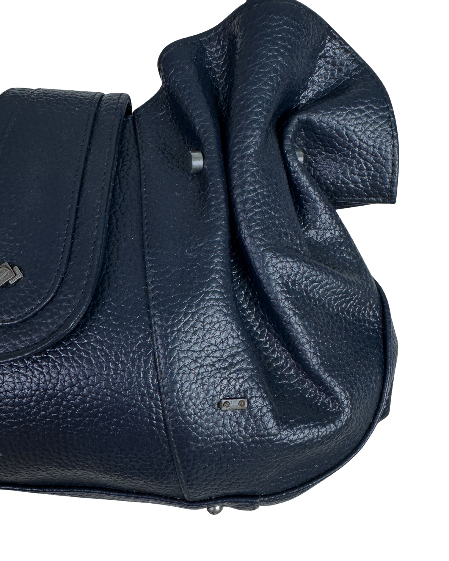 Vintage Navy Genuine Leather Slouchy Ruched Shoulder Bag