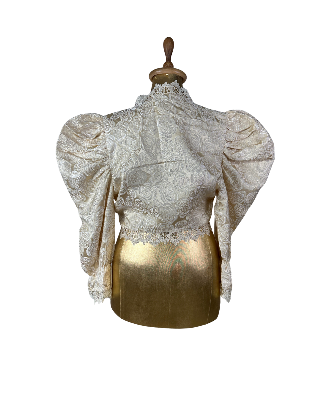 Vintage 80s Cream Brocade Puff-Sleeve Lace Front Tie Blouse