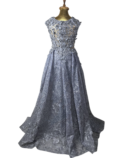 Lavender Embellished Mesh Gown with 3D Floral Appliqué & Flowing Train