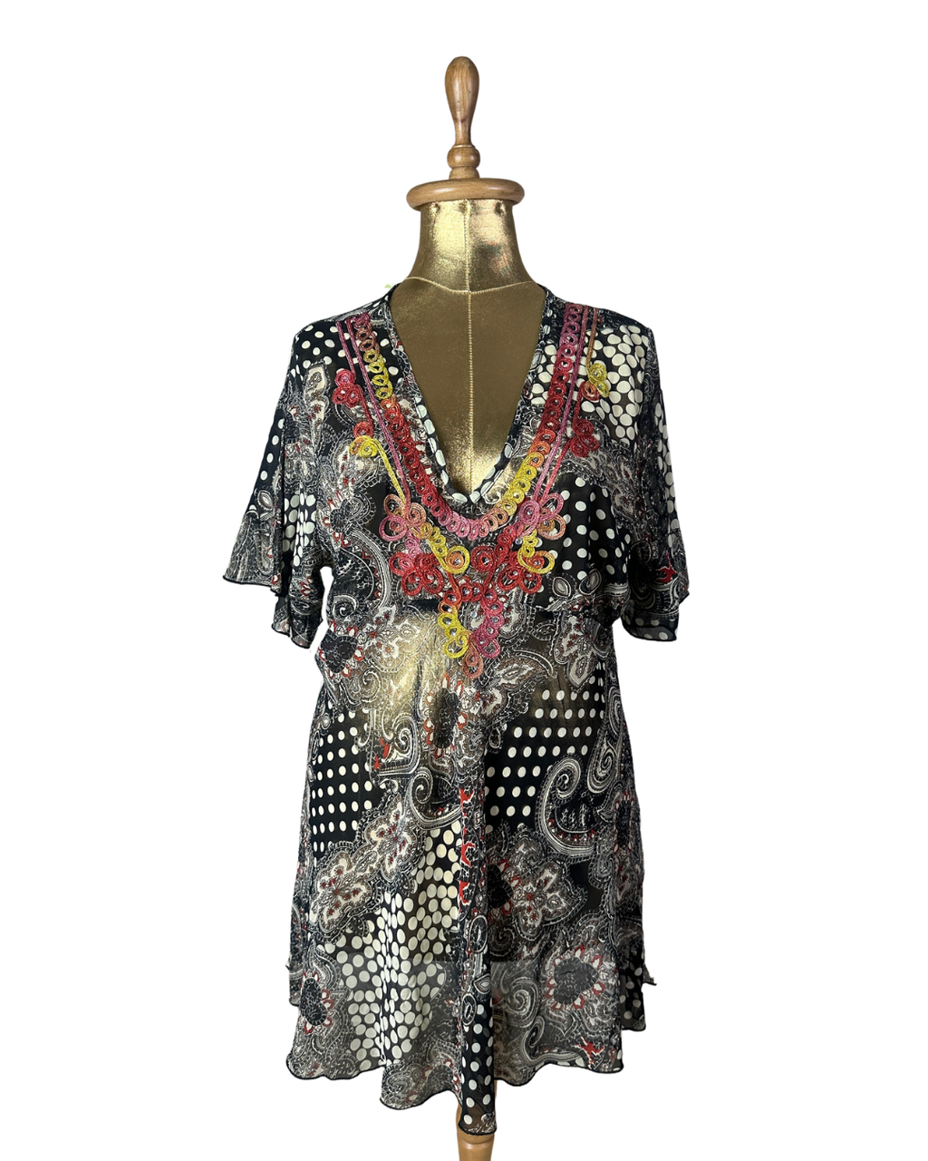 Y2K Bohemian Deep V-Neck Beaded Sheer Tunic Top - 2XL