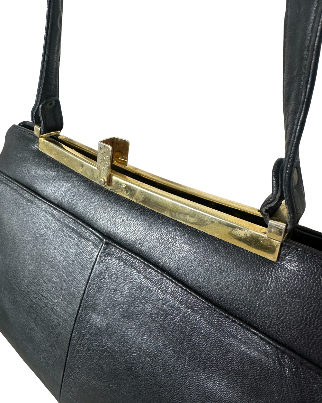 Vintage 1970s Genuine Leather Shoulder Bag with Floral Accent & Brass Frame